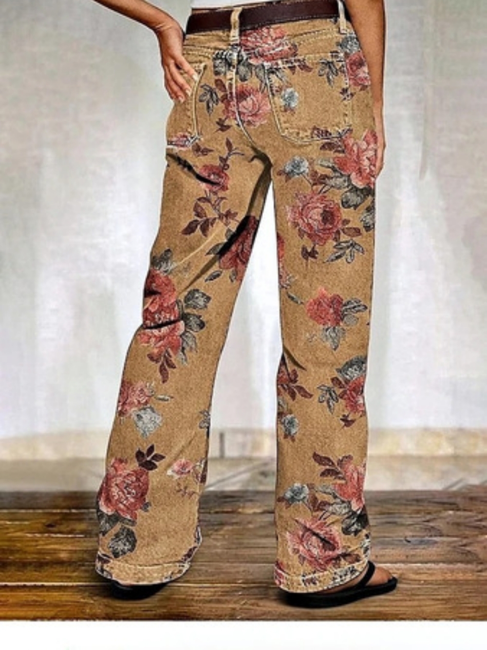 Flamingals Floral Wide Leg Pants in Brown & RedNWT - Picture 4 of 5